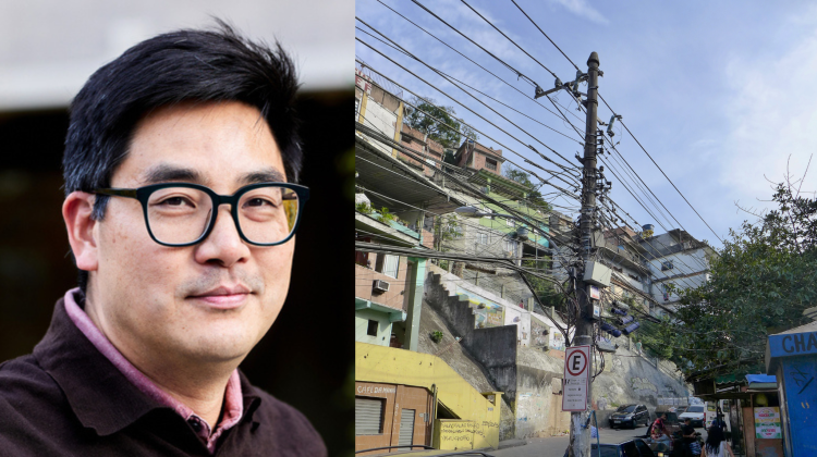 Headshot of David Hsu on the left with an image of power lines and housing on the right