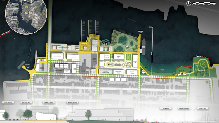 A rendering of a port area in East Boston, the bottom of the image shows a relief of the purposed layout, which fades into a top down image of the site plan