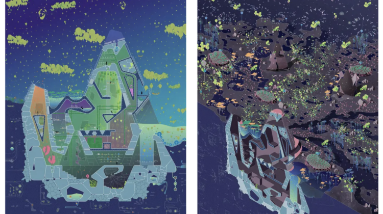 Two side by side illustrations. The left image shows a cut-through image of a mountain with tunnels and living spaces carved into its interior. The second image shows the same mountain in an isometric view.