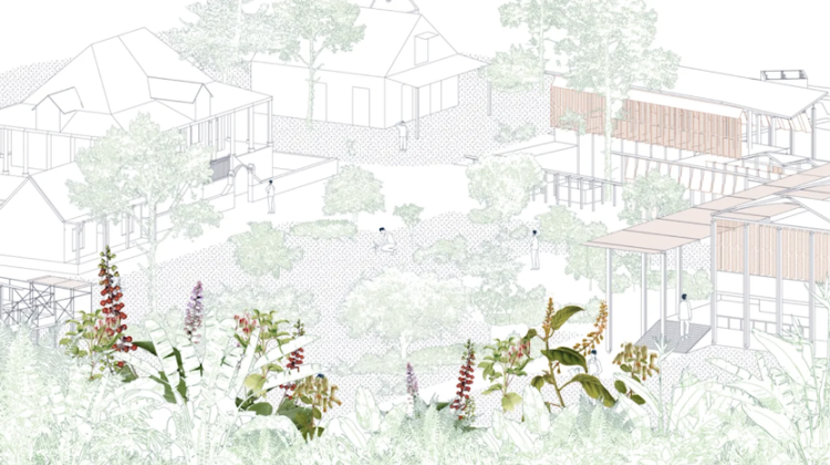 Isometric rendering of living spaces and a community integrated with nature.