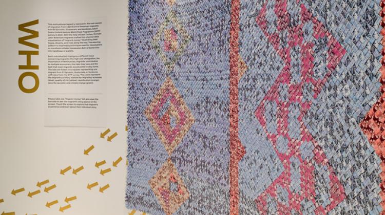 Image of the exhibition, showing a wall of folded paper in pastel colors as well as arrows representing migration